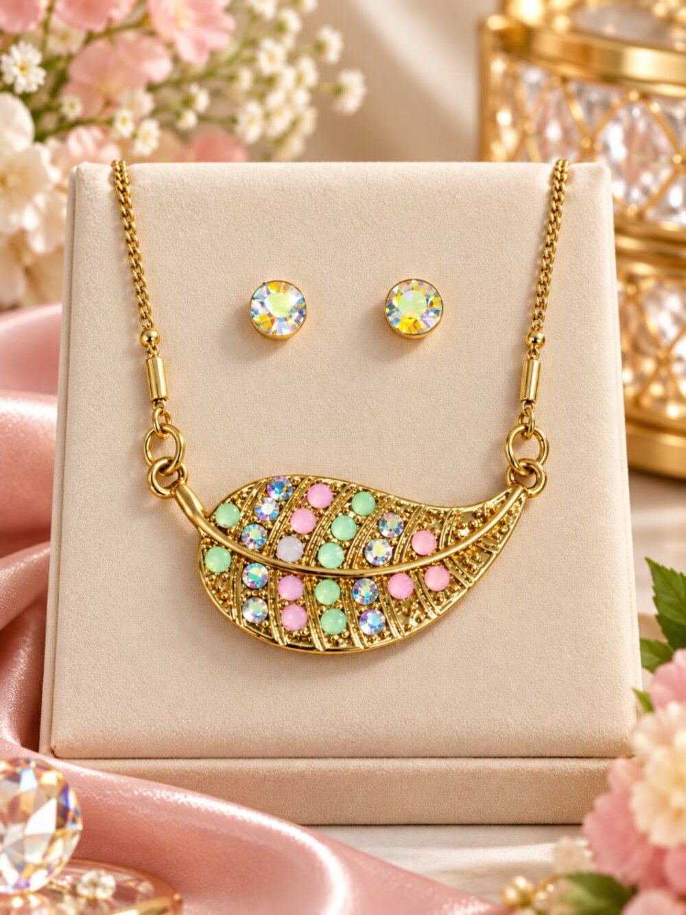 Gold Pastel Crystal Leaf Pendant Necklace & Stud Earrings Set - Fashion Jewelry